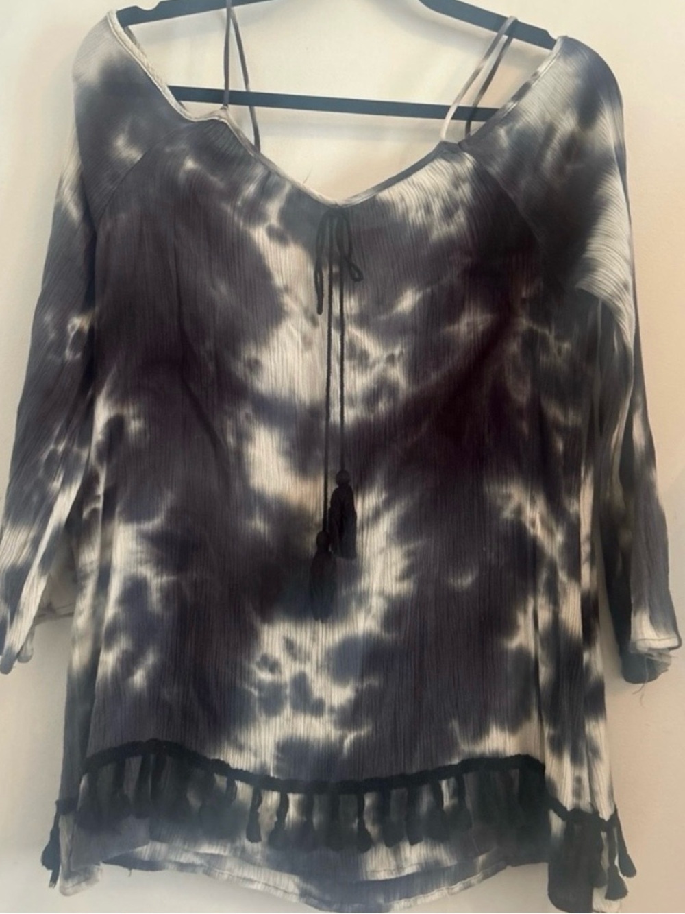Paper Crane Black & White Tie-Dye V-Neck Tunic with Tassels
